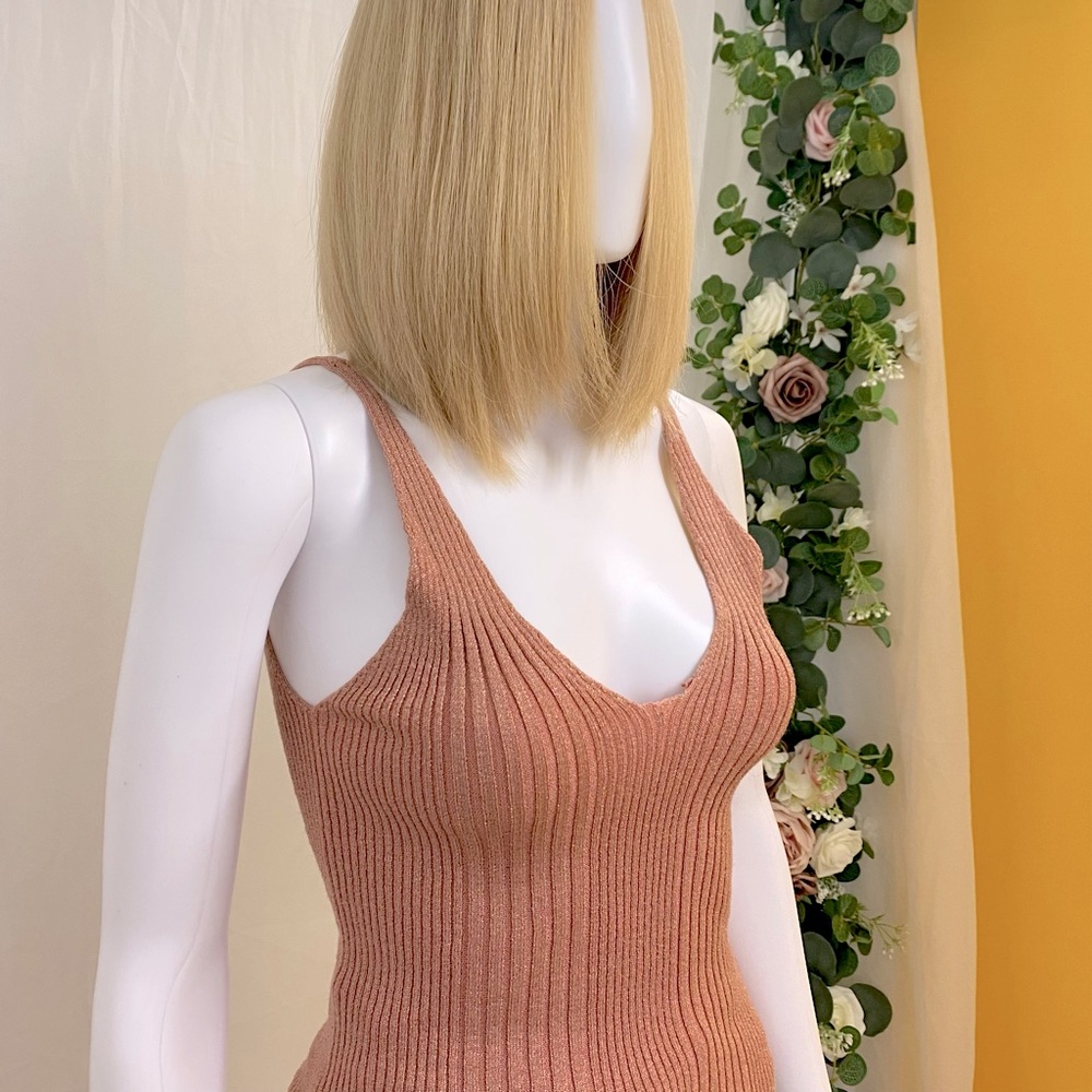Rose Gold Metallic V-Neck Ribbed Knit Top